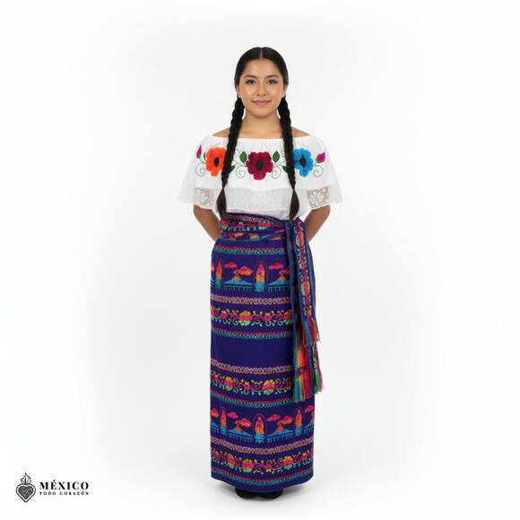 Traditional Mexican Floral Cambaya Dress Set – Handmade Two-Piece Skirt & Blouse - Picture 5 of 7